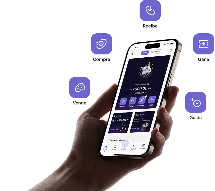 Ilustración de una mano sosteniendo un teléfono con la app de Orbi abierta