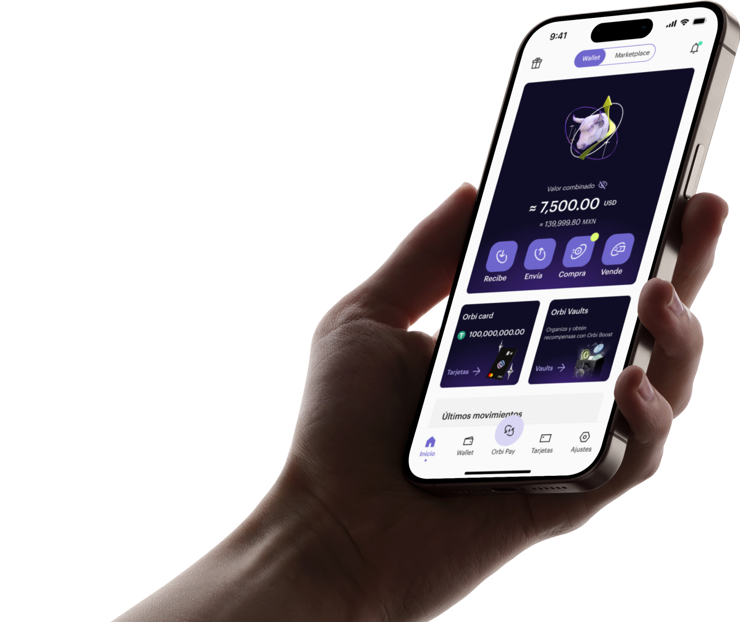 Ilustración de una mano sosteniendo un teléfono con la app de Orbi abierta