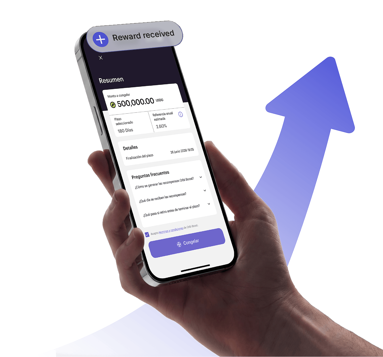 hand holding a phone with the Orbi Boost rewards screen